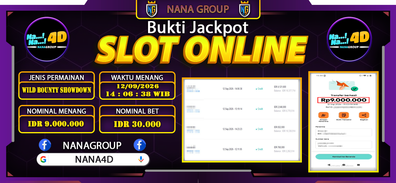 Bukti Kemenangan Besar Dibayar lunas Member NANA4D RP 9.000.000, 12 September 2026