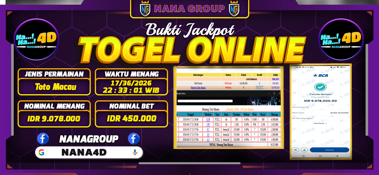 Bukti Kemenangan Besar Dibayar lunas Member NANA4D RP 9.078.000, 17 September 2026